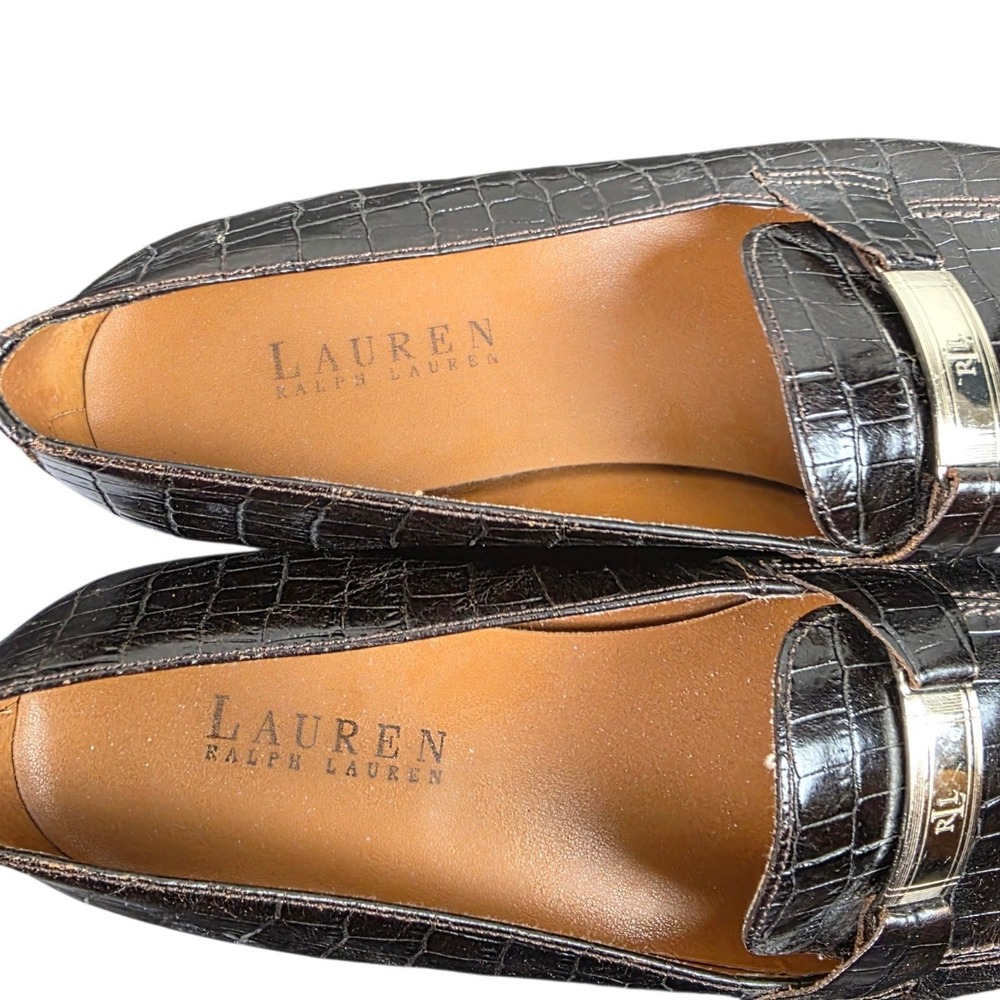 Lauren Ralph Lauren Loafers Womens 7.5 AA Brown Good Croc Embossed RL Logo Bar - Picture 9 of 11